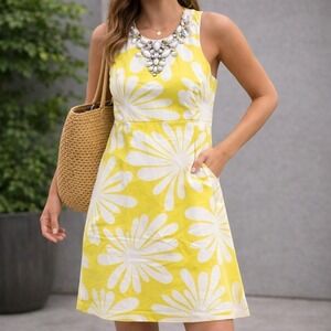 Ann Taylor LOFT Floral Daisy Summer Dress Womens 2 Yellow White Beaded Mod 60s